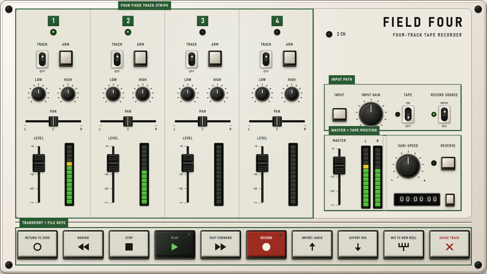 The complete Field Four instrument, showing four fixed Track strips, the global input path, Master controls and transport shelf.